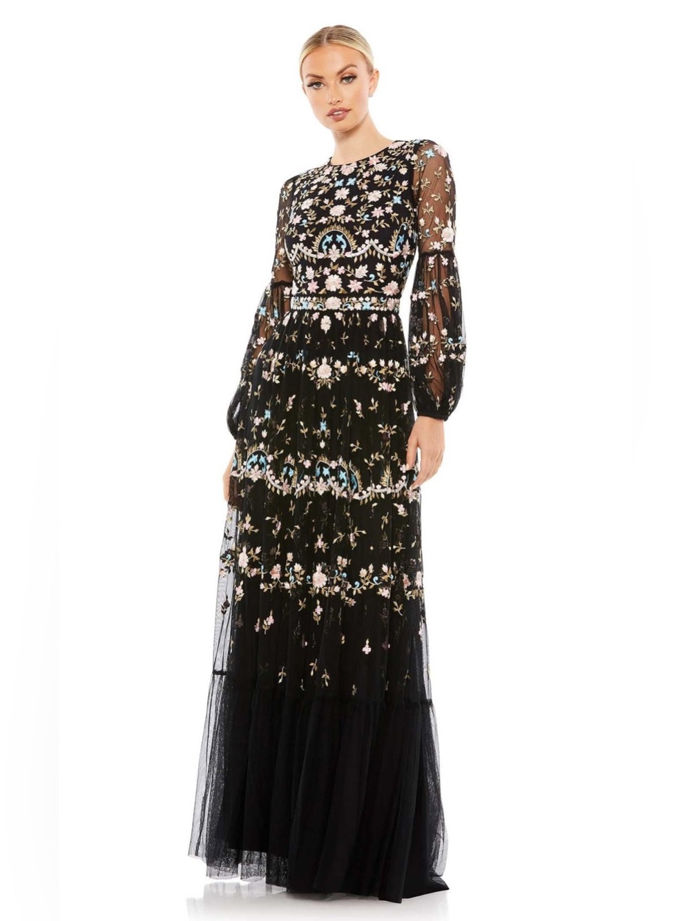 Mac Duggal 35161 Black Floral Embroidered Maxi Evening Dress Gown